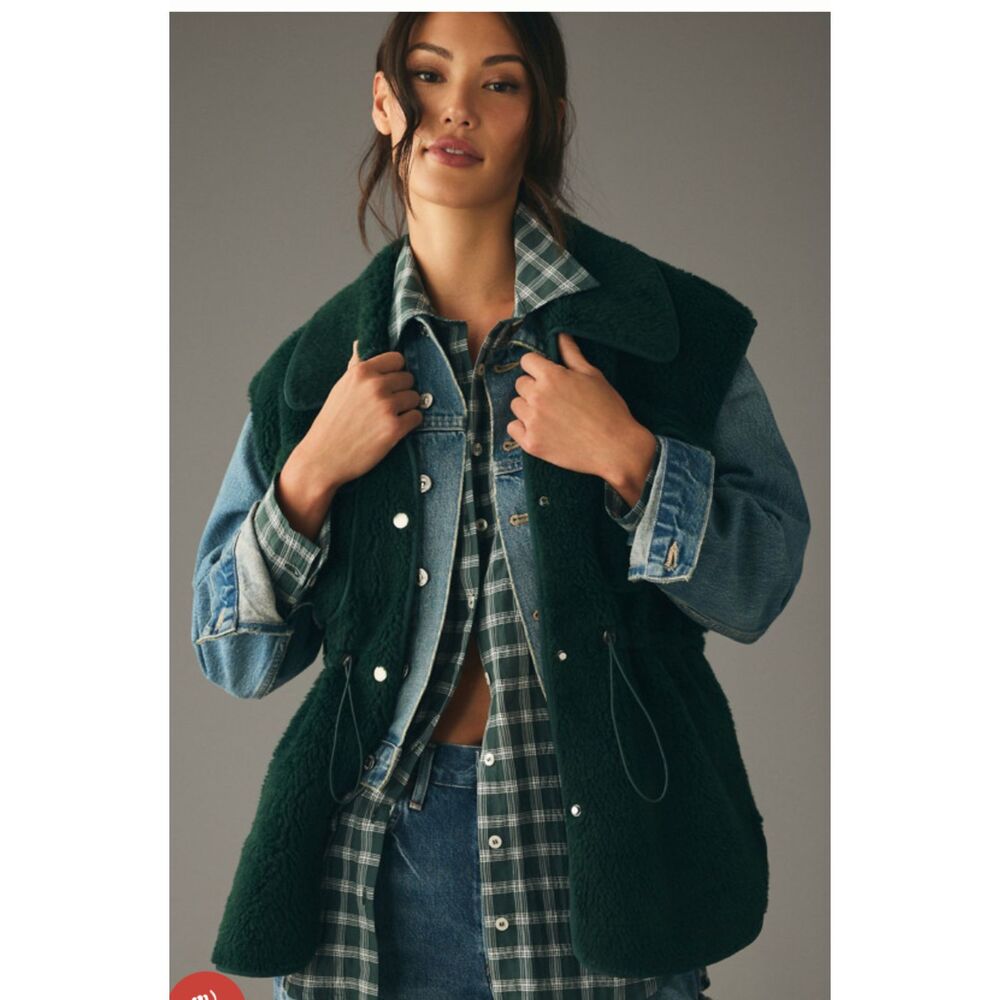 By Anthropologie Cozy Cinched Faux Shearling Vest, Dark Green, Size M